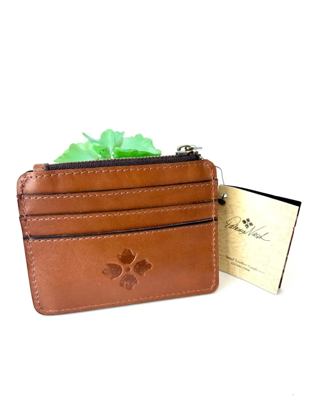 Patricia Nash Cassis ID Case Wallet Key Chain Coin Purse Biscuit Brown Leather - Picture 1 of 9